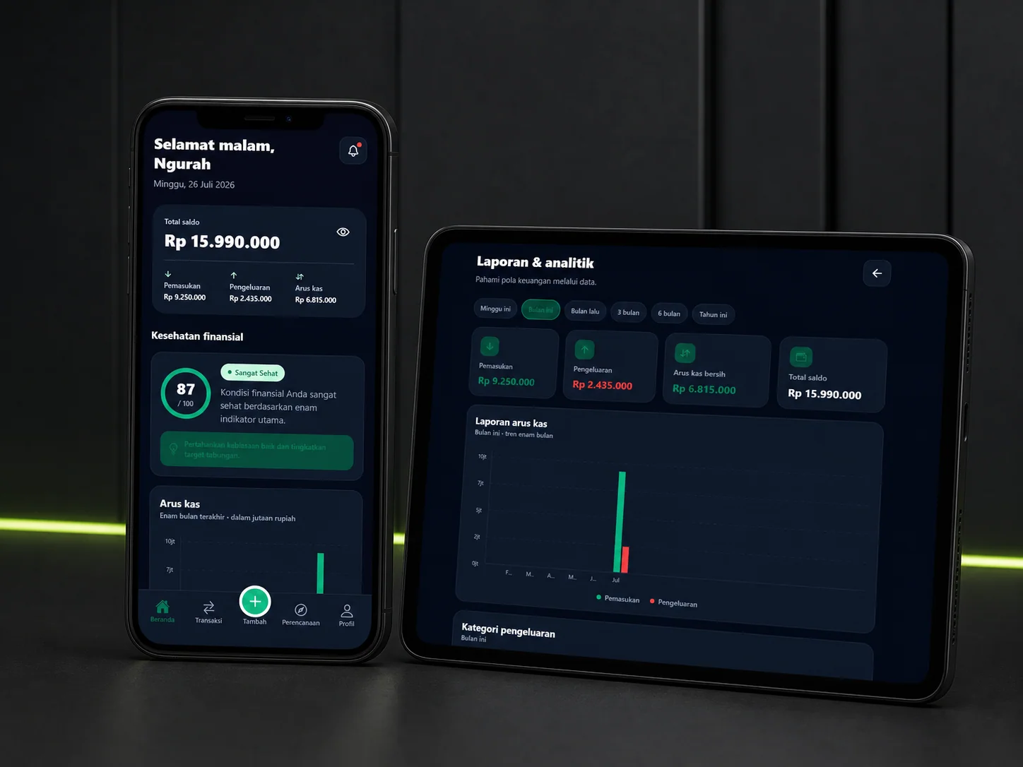 Aplikasi Neistart ditampilkan pada ponsel dan tablet dalam studio gelap